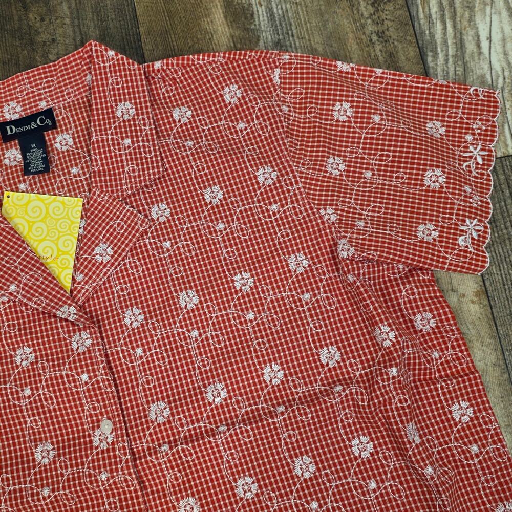 VINT Red Gingham Embroidered Cottagecore Blouse Floral Prairie Top Plus Size 1X
